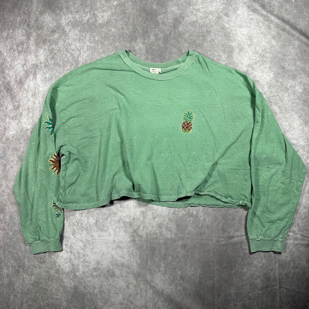 Billabong Green Cropped Long Sleeve Tee Pineapple Sun Moon Graphic Large Surfer